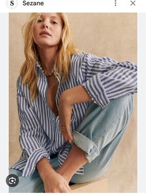 Sezane Blue and White Vertical Stripe Button Chemise Max